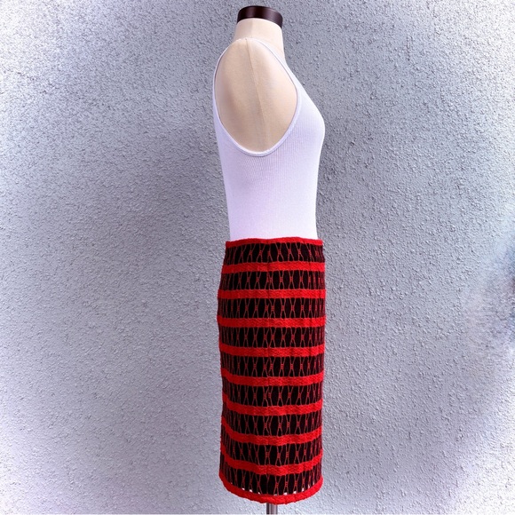 W Worth Black Red Midi Straight Skirt Size 4 Woven Striped Lined Pencil Retro - Picture 5 of 15
